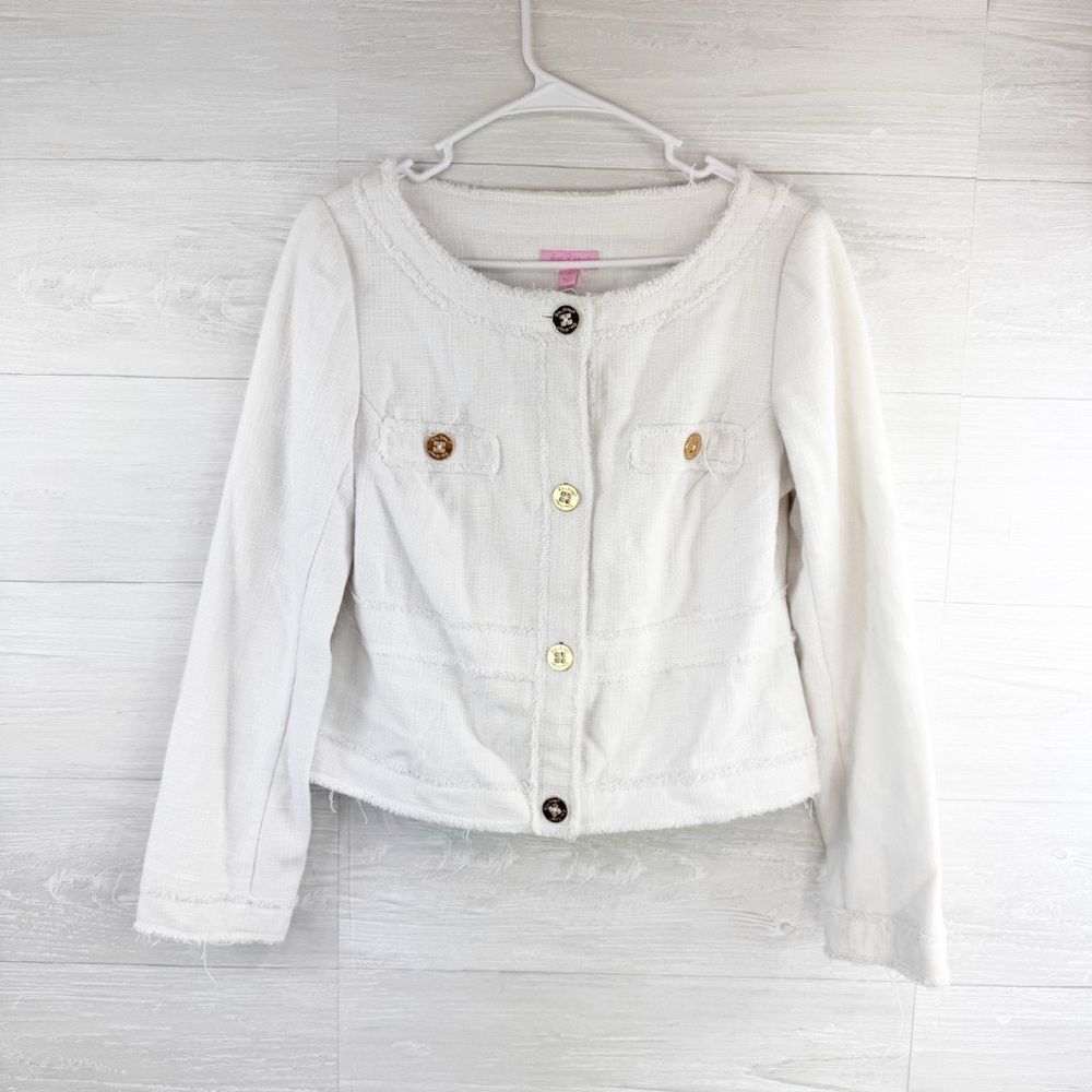 Lilly Pulitzer Millie Fringe Linen Blend Button Up Jacket - Picture 2 of 7